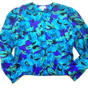 Adrianna Papell Women's Top Size 10 Blue Green Floral 100% Silk Vintage
